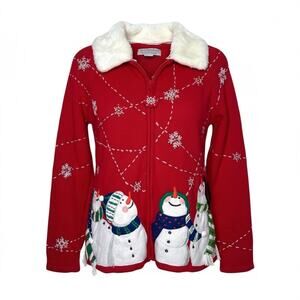 Vintage Y2K Red Christmas Sweater Snowmen Appliqué Removable Faux Fur Collar L